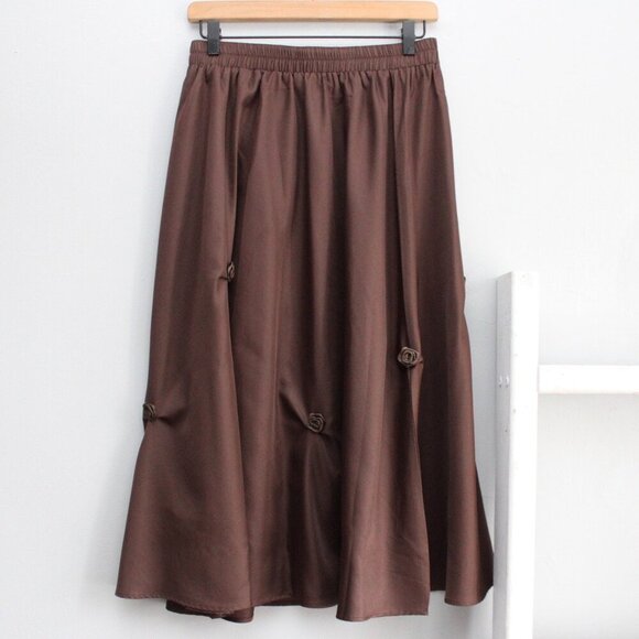 Chouyatou Brown Floral Rose Applique A-Line Pleated Swing Midi Skirt Large - Picture 1 of 8